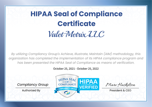 Valet Metrix LLC HIPAA Compliance